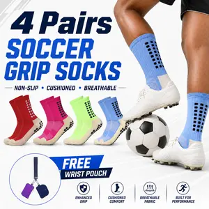 STANDWAY 4 Pairs Women & Men Soccer Socks Mid-Calf Soccer Socks Bright Colors  Silicone Anti-Slip Sole Breathable Mesh Moisture-Wicking Quick-Dry Active Style