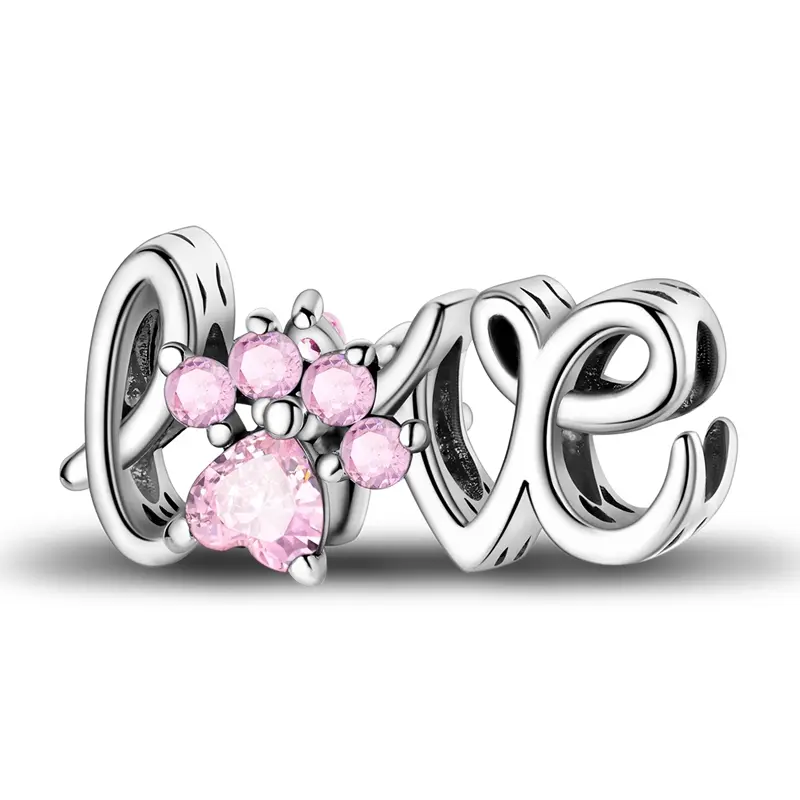 MULA 925 Silver-Plated Paw Print Heart Charm with Pink CZ, Pendant for Pet Lovers, Fits Pandora Bracelets, Mother's Day Gift, Charms & Pendants, Animals, Motherhood, Valentines Day