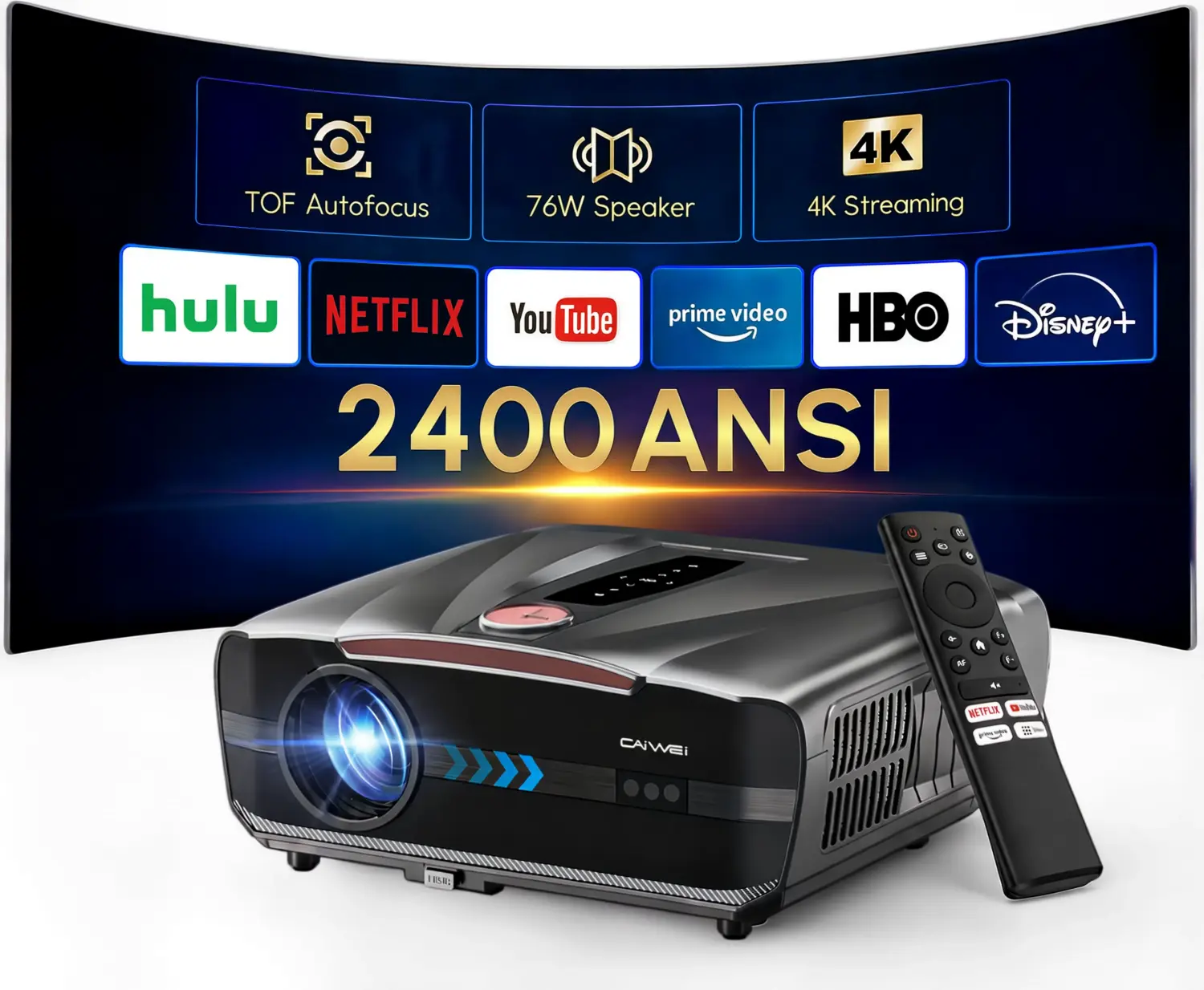 Daylight Projector 2400ANSI Ultra HD 4K HDR10+ Daytime Smart Projector with 2026 Upgraded Auto Lens Cap Tof Autofocus HDMI eARC/CEC WiFi6 Bluetooth5.4 40W DB Audio for Home Theater Gaming Ceiling