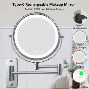 Wall-Mounted Luminous Makeup Mirror, Rechargeable Double-Sided 1x 10x Magnifying Glass with 3-Color Lighting, Touch Screen Dimming, 360-Degree Rotating Pogonotomy Light Mirror with Extended Arm, 8-Inch Chrome