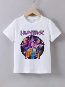 Girls' Summer Short Sleeve Kpop Anime Sweet Cool Girl Cartoon Print T-Shirt, Casual Fitted Top Without Zipper, with Collar