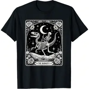 The Audacity Skeleton Riding Dinosaur Tarot Card Halloween T-Shirt
