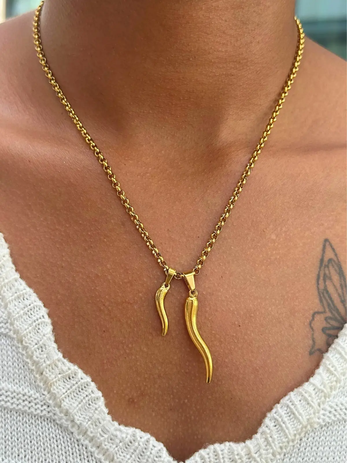 Italian Horn Pendant Stainless Steel Gold Cornetto Unisex Necklace Cornicello Waterproof Tarnish-Free Hypoallergenic Charm for Men Women