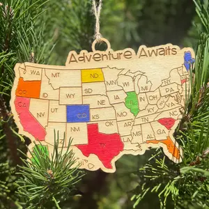 USA Tracker Ornament - Wooden Travel Map Keepsake with 6 Mini Markers for Road Trippers RV Families and Wanderlust Lovers 6in x 4in