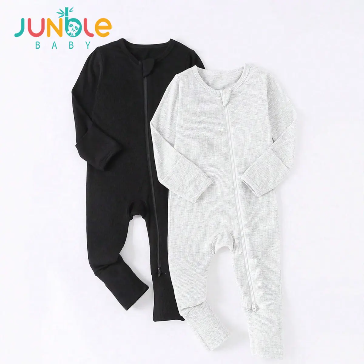 JUNBLEBABY Baby Girl 2pcs/Set Bamboo Fiber Ribbed Zipper Jumpsuit Soft Breathable Skin-Friendly Highly Elastic Long Sleeve & Long Pants Double-Ended Zipper Coverall With Foldable Sleeve & Foot Covers Baby Clothes Girl Baby Clothing, Two Way Zipper Onesies