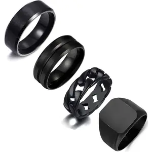 4Pcs Stainless Steel Black Signet Solid Biker Ring For Men Polished Matte Grooved Edges Cuban Link Band Rings Set Size 7-12