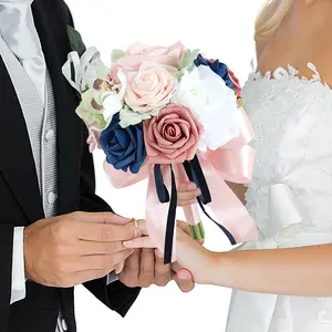 Artificial Bean Paste Rose and Blue Bridesmaid Bouquet, Bridesmaid Wedding Bouquet Flowers Pink Ornaments Decorative