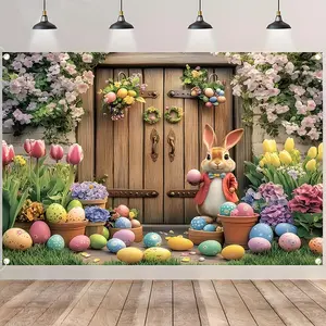 Happy Easter Backdrop Banner, Bunny Eggs Floral Wooden Door Spring Decorations, Durable Polyester Fabric Photo Booth Prop, Reusable Easy to Clean, Perfect for Easter Party, Family Gathering, Home Entrance Decor, Photo Shoot, Gift for Family