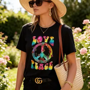 Women's Oversized Graphic Tees - Tie Dye Love & Peace Floral Print | Boho Hippie Trendy T-Shirt