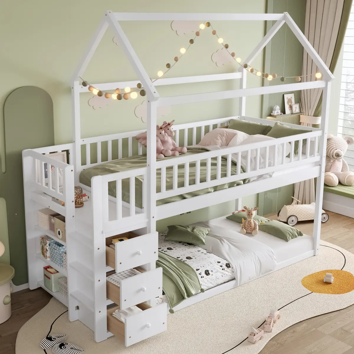 White Playhouse  Storage Bed, Twin Size Bunk Bed with Shelves and Drawers,  Playhouse Bed