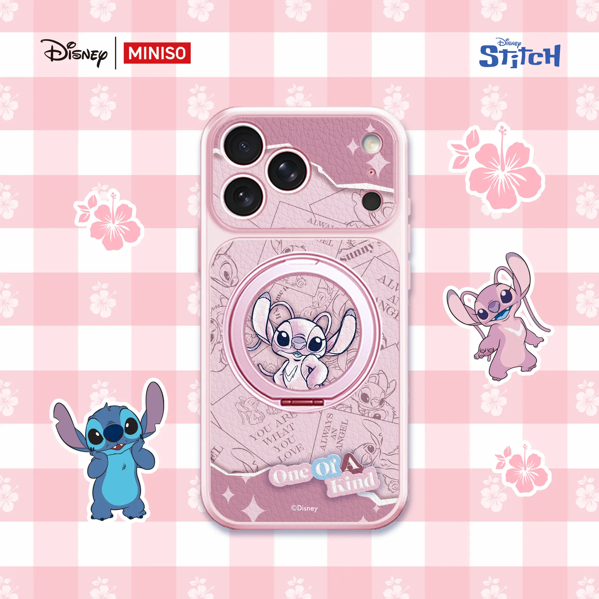MINISO Disney Angel Magnetic Phone Case Compatible with iPhone 18 17 16 15 Pro Max, Adjustable 360° Kickstand Ring, Protective Soft TPU Bumper & Leather Back with Camera Guard