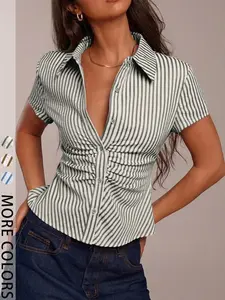 Chic Striped Ruched Button-Down Blouse - Short Sleeve Fitted Collared Top Casual Button Up Shirt Button Front for Daily Casual Party Outfits Shirts
