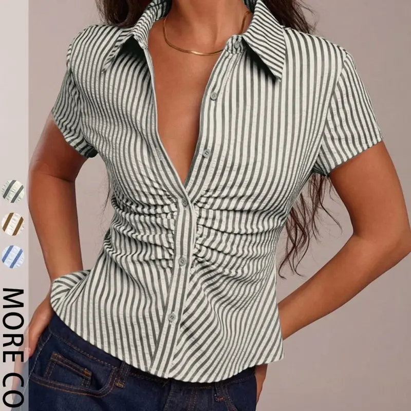 Women's Striped Ruched Button-Down Fashionable Blouse, Short Sleeve Fitted Collared Top, Casual Chic Shirt for Daily and Party Outfits