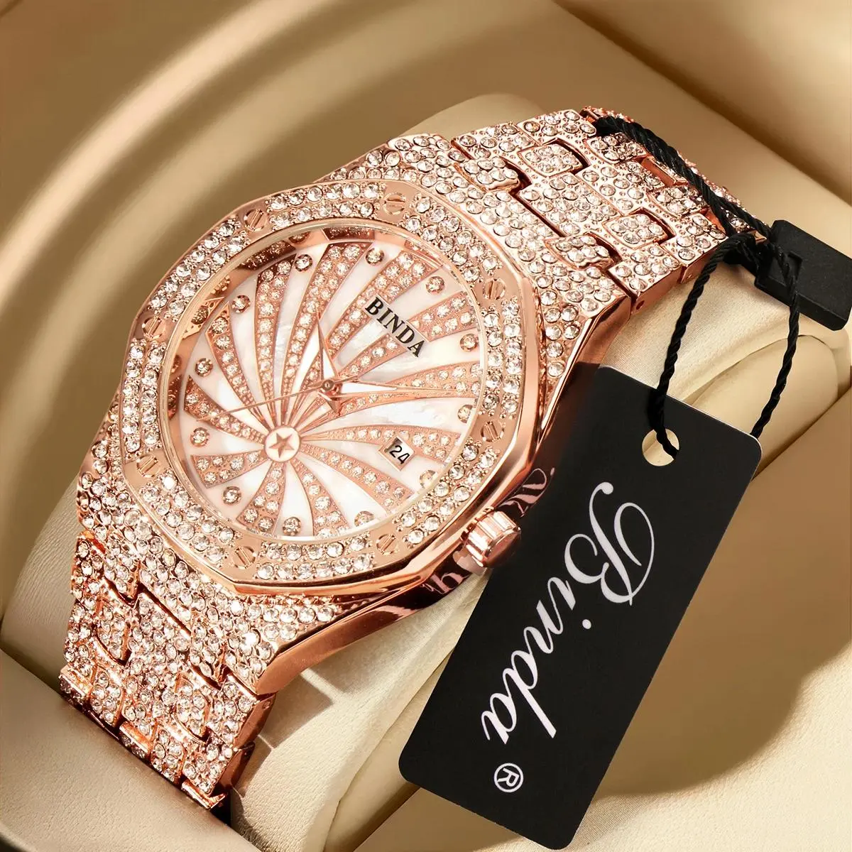Binda Luxury Iced-Out Quartz Watch with Calendar, Mother-of-Pearl Dial, Unisex, Rhinestones, Multi-Color Options, Rose Gold