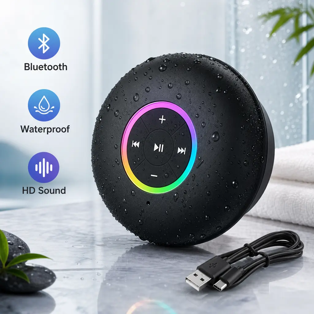Mini Waterproof Bluetooth Speaker - Weatherproof Loudspeaker System-IPX6 Strong Waterproof Audio Speaker, Featuring Stunning LED Light Show, Hands-Free Calling, USB Rechargeable, Ideal for Shower, Camping