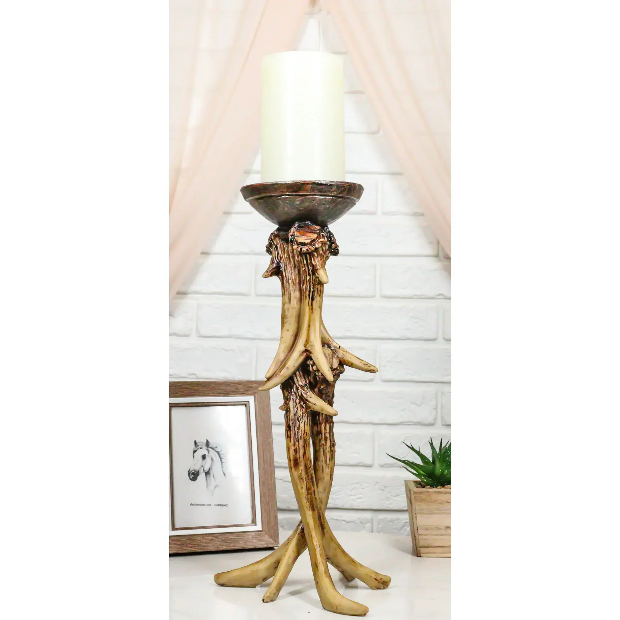 Ebros Wildlife Rustic Buck Elk Deer Stag Entwined Antlers Candle Holder Stand 14" Tall Nature Lovers Hunters Cabin Lodge Country Home Decorative Antler Candleholder Accent Centerpiece (1)