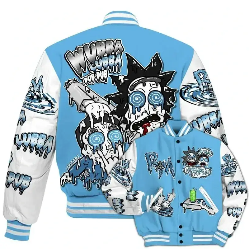 Melo 12s Inspired Varsity Jacket, Wubba Rick Drip Graphic Baseball Coat, Retro Basketball Streetwear Outerwear, Classic Sport Varsity Style, Unisex Casual Jacket