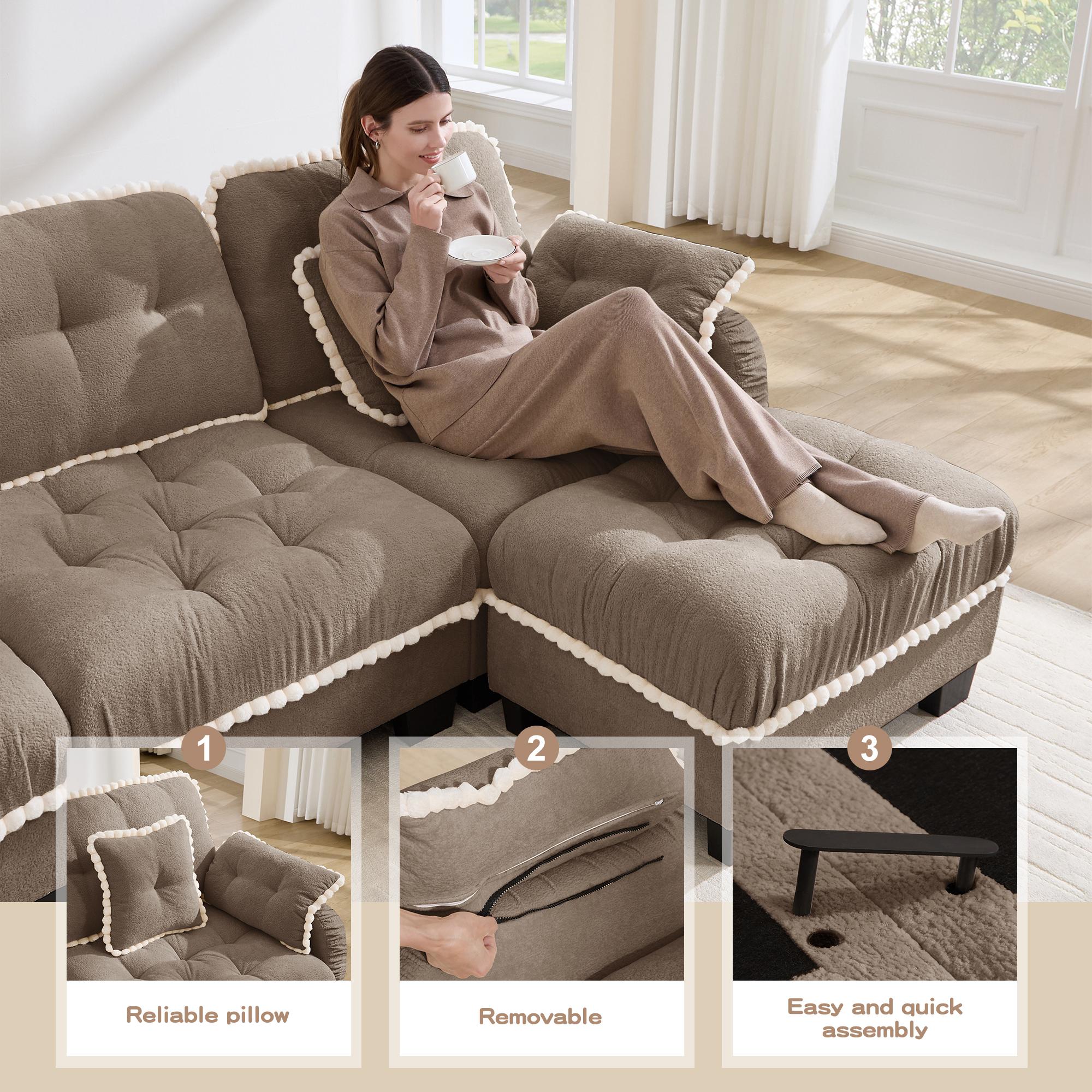Eyisean 100.7in Chenille Modern Modular Sectional Sofa Furniture - 3-Seater U-Shaped Comfy Couch with Fixed Arms, Armrest Pillow, Back Cushion, 2 Movable Ottomans, Pom-Pom Trim Quilted Tufted Deep Seat, Ergonomic for Living Room Decor, Small Spaces, Ottom