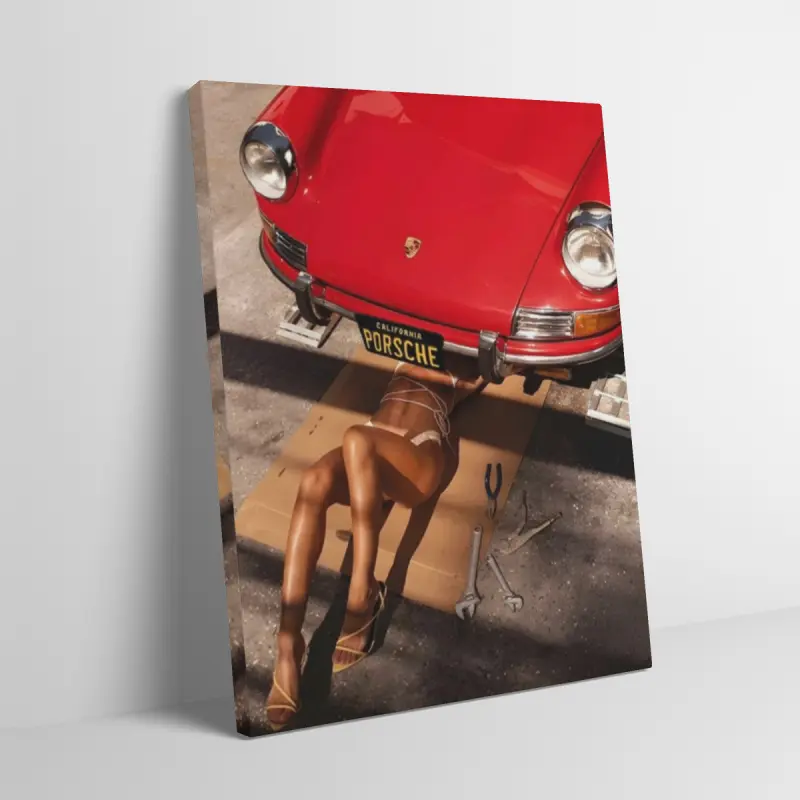Vintage Porsche & Woman Black Flash Style Wall Flag Canvas Painting Fans Mid-century Modern Aesthetic Home Decor Retro Art Print Poster