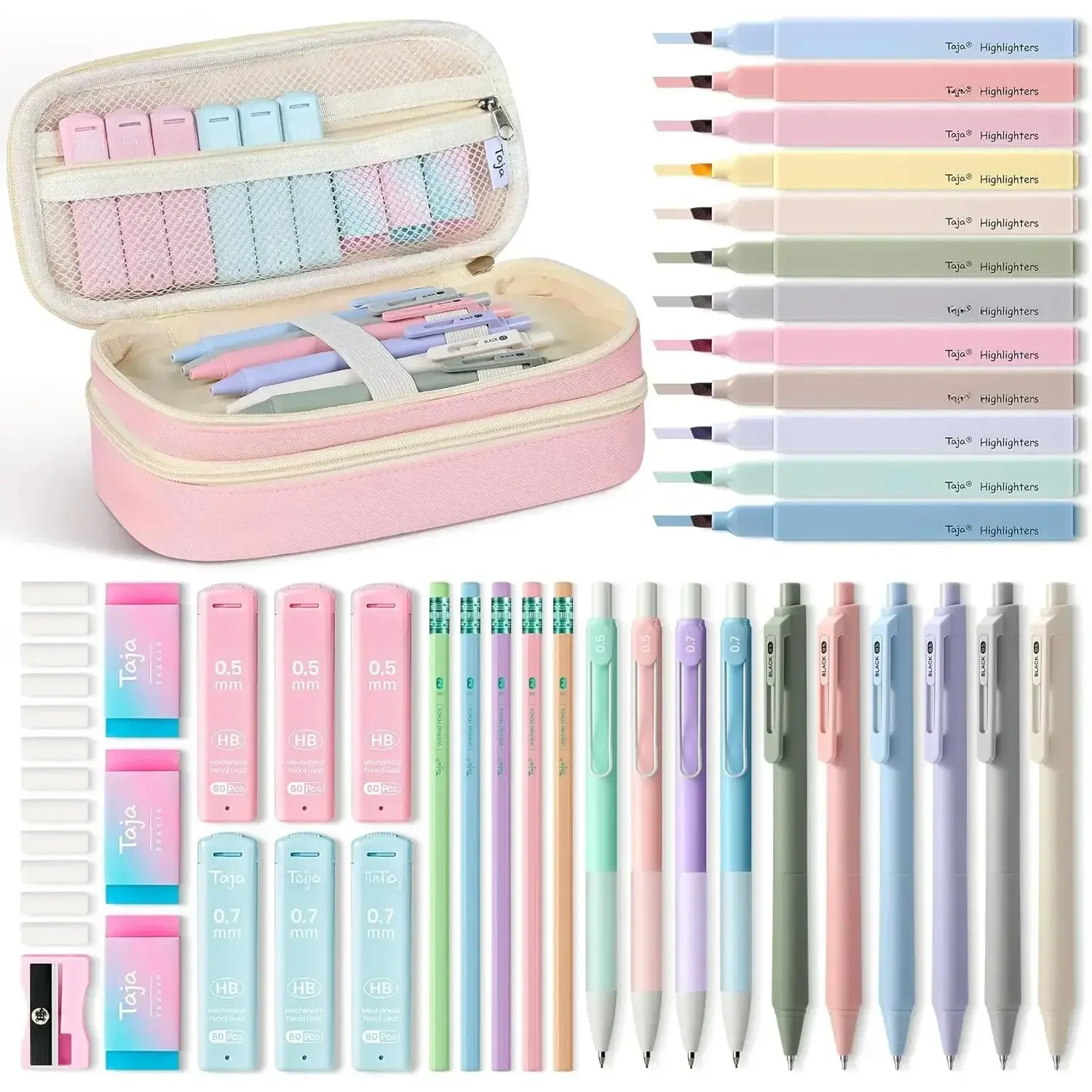 39 PCS Aesthetic School Supplies with Cute Pencil Case – 12 Pastel Highlighters, 6 Black Ink Gel Pens, 4 Mechanical Pencils and 5 Pack #2 Pencils, Ideal Back to School Student Stationery Set - Pink
