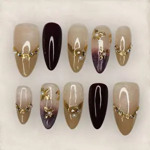 Nail Queendom [PEARLS & MERLOT] Handcrafted 3D Press-On Fake Nails Reusables Long Lasting Salon Quality Easy Application 10 Pieces Set