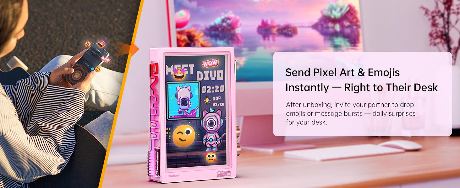 Divoom Times Frame 10.1in Pink Smart Desk Display - WiFi Digital Photo Frame with Transparent IPS Screen, 64GB Storage, Adjustable Color Changing RGB Ambient Light, Pixel Art, Remote Photo Sharing, Modern Decor for Cool Room Decor BackToSchool, Colorful,,