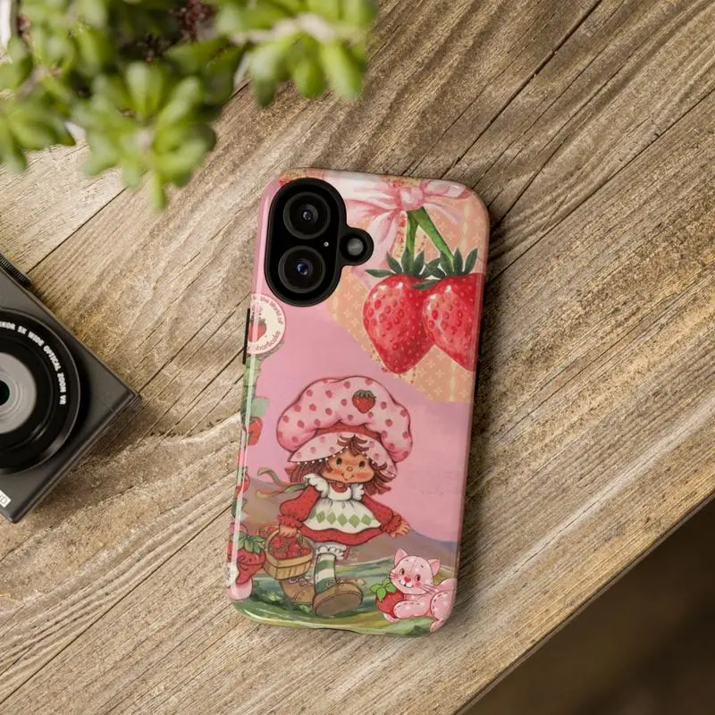 Vintage Charm Strawberry Shortcake Smartphone Case, Sweet Aesthetic Girly Casing, Tough Shockproof Protective Cellphone Accessory, Cute Fan Gift for iPhone 11-17 Pro Max/Plus & Samsung Galaxy S23-25 Devices