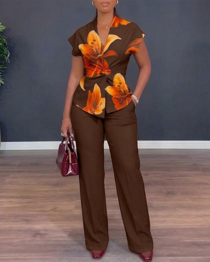 CHICME Women's Two Piece Outfit Vintage Floral Twist Front Top and Straight Leg Pants Set CHICME Women's Two Piece Outfit Vintage Floral Twist Front Top and Straight Leg Pants Set