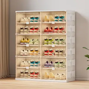 JEKO&JEKO 6 Tiers Foldable Shoe Rack Organizer Cabinet for Closet Entryway, Large Collapsible Shoe Storage Box with Magnetic Doors Fits Up to 24 Pairs (White)
