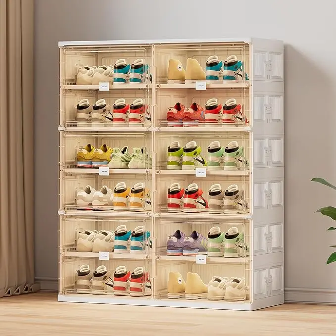 JEKO&JEKO 6 Tiers Foldable Shoe Rack Organizer Cabinet for Closet Entryway, Large Collapsible Shoe Storage Box with Magnetic Doors Fits Up to 24 Pairs (White)