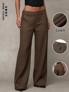 Women's Classical Linen Palazzo Pants Summer Flowy Wide Straight Leg Beach Trousers With Pocket Casual Solid Color Soft Elastic High Waist Lounge Pants Travel Vacation Bottoms Date Brunch Home Work Streetwear Outfit