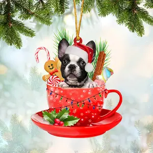 French Bulldog In Cup Merry Christmas Ornament, 2d Flat Acrylic Dog Ornament