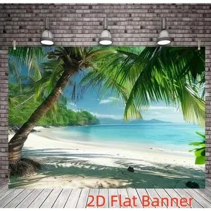 Custom 2D Flat Polyester Backdrop, 1PC Tropical Beach Coconut Tree Scenery Photo Background Wall for Festival, Birthday Party Decor, Summer Ocean Theme Hanging Banner