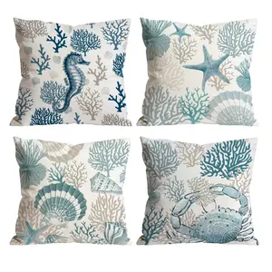 Coastal Throw Pillow Covers Set of 4 | Seahorse Starfish Crab Coral Seashell Cushion Covers for Sofa Bedroom Car Vacation Party Home Decor 0511YB