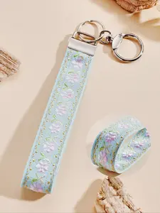 Women's Zinc Alloy Keychain with Embroidered Floral Belt, Keychain Wristlet Strap, Fashionable Car Key Chain, Perfect Gift for Women, Universal Key Holder, Keychain Jewelry