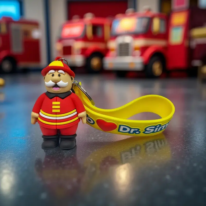 Dr.Simi Firefighter Keychain Llavero Dr. Simi Bombero with Red Uniform and Yellow Strap Design