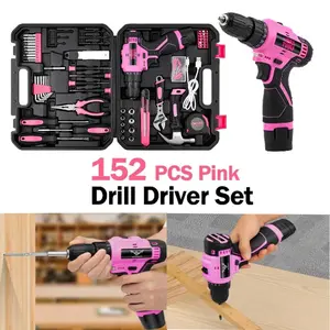 152 Piece Home Repair Tool Kit Pink 12V Cordless Drill Driver, Household Hand Tools Set with Toolbox for Women DIY Home Maintenance