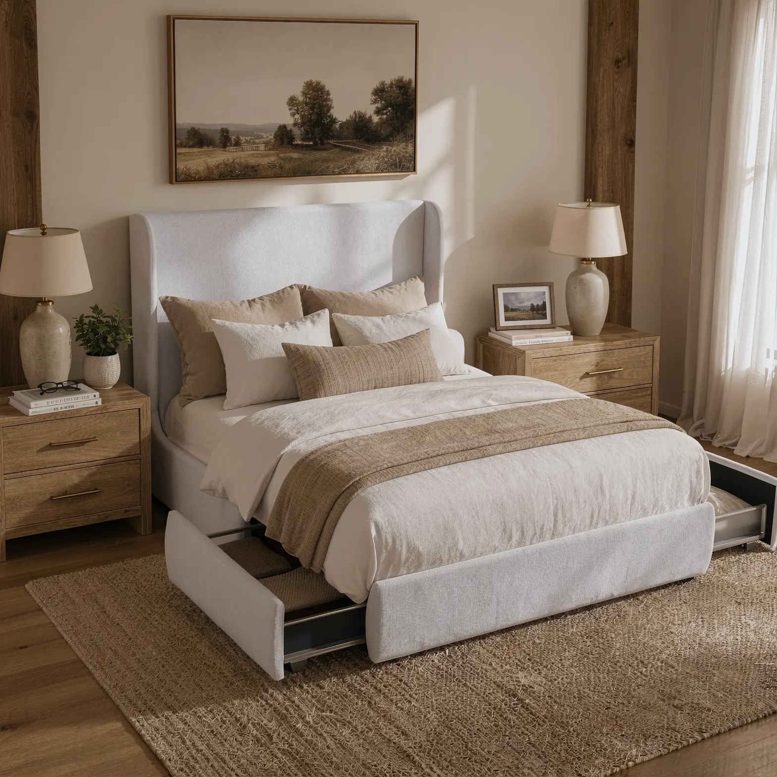 RECCI Wingback Bed Frame with 2 Storage Drawers, 52” Tall Headboard, Upholstered Platform Bed, Heavy Duty, No Box Spring Needed, Bed Frames, Queen Bed Frame