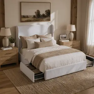 RECCI Wingback Bed Frame with 2 Storage Drawers, 52” Tall Headboard, Upholstered Platform Bed, Heavy Duty, No Box Spring Needed
