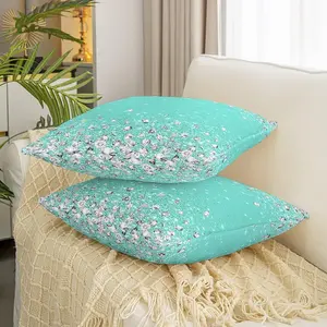 Feelyou 2-Pack Double-Sided Diamond Print Throw Pillow Covers - Teal Green & Silver, Bling Shine Soft Fabric Square Cushion Covers