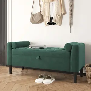 GARVEE 46.5" Storage Bench Ottoman - Upholstered End of Bed Bench with Button-Tufted Design, Rolled Arms & Vintage Rivets, Large Shoe Cabinet for Bedroom, Entryway, Living Room, Closet, Green