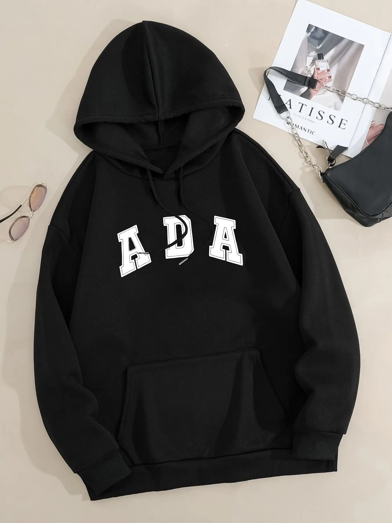 American Vintage Hoodie with Ada Letter Print, Casual Long Sleeve Pullover, Loose Fit, Fall & Winter Fashion