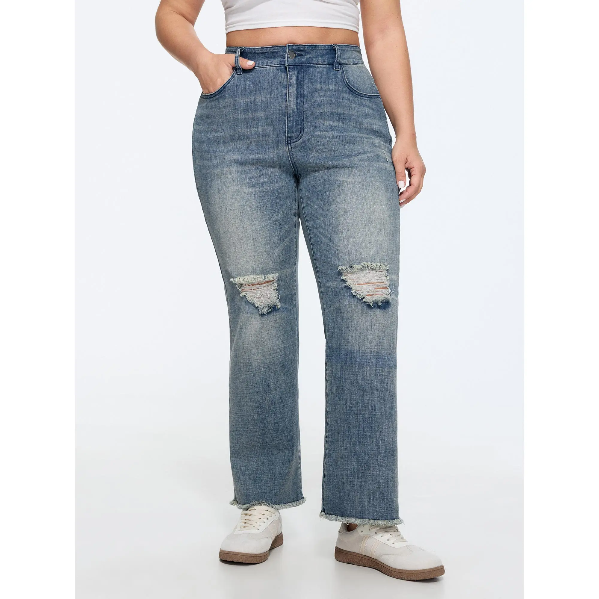 BloomChic Women's Plus Size Stretchy Ripped Straight-Leg Jean Pants in a Cotton Blend for Casual Wear, Low Iron, Elastane, Stretch Denim, Spandex, Fabric, Pocket, Denim Pants, Garment, Lady, Button, Basic, Bottoms, Casual Fashion Denim