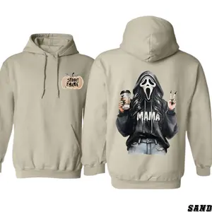 [graphic hoodies]Spooky Mama Halloween Hoodie – Fun Ghost Face Girl Drinking Coffee Design, Perfect Fall Outfit For Moms, Cozy Unisex Hoodie For Pumpkin Patch, Trick Or Treat And Autumn Vibes