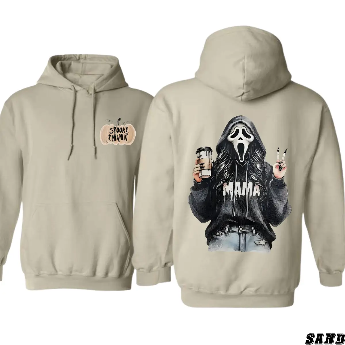 Spooky Mama Halloween Hoodie – Fun Ghost Face Girl Drinking Coffee Design, Perfect Fall Outfit For Moms, Cozy Unisex Hoodie For Pumpkin Patch, Trick O