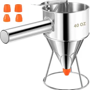 Pancake Batter Dispenser 20oz Funnel Cake Dispenser with Stand Stainless Steel Leak-Proof Nozzle Precise Control for Baking Takoyaki Cupcake Waffle Crepe Muffin Kitchen Baking Tool No Mess Easy to Clean Confectionery Funnel Octopus Ball Dispenser
