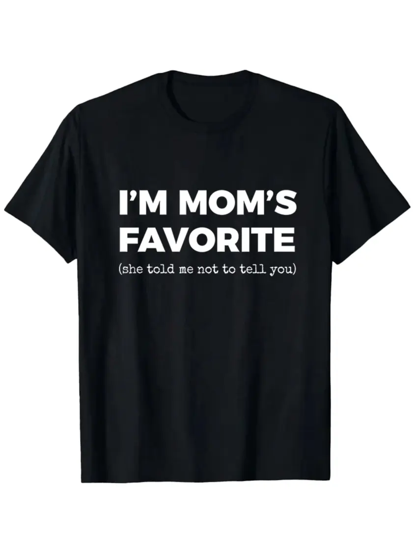 Unisex Soft Cotton Graphic T-Shirt, Classic "I'm Mom's Favorite" Short Sleeve Tee, Breathable Round Neck Top for Streetwear, Shortsleeve, Cotton Blend, Graphic Text, Menswear, Casual, Crew Neck, Breathable Cloth, All Seasons, Available In Multiple Sizes,
