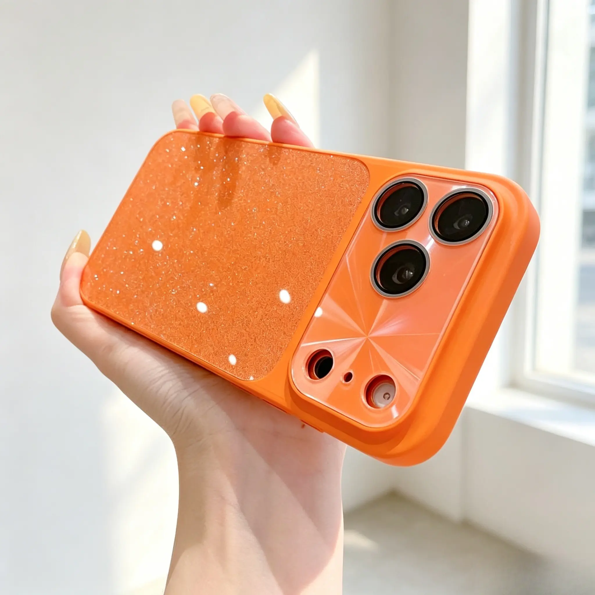 Women's Dopamine Macaron Glitter Large Window Smartphone Casing for iPhone 17/16/15/14/13 Pro Max - Full Lens Protection, Fine Glitter Starlight Back Panel, Scratch-Resistant, Wear-Resistant, Handheld Cellphone Devices