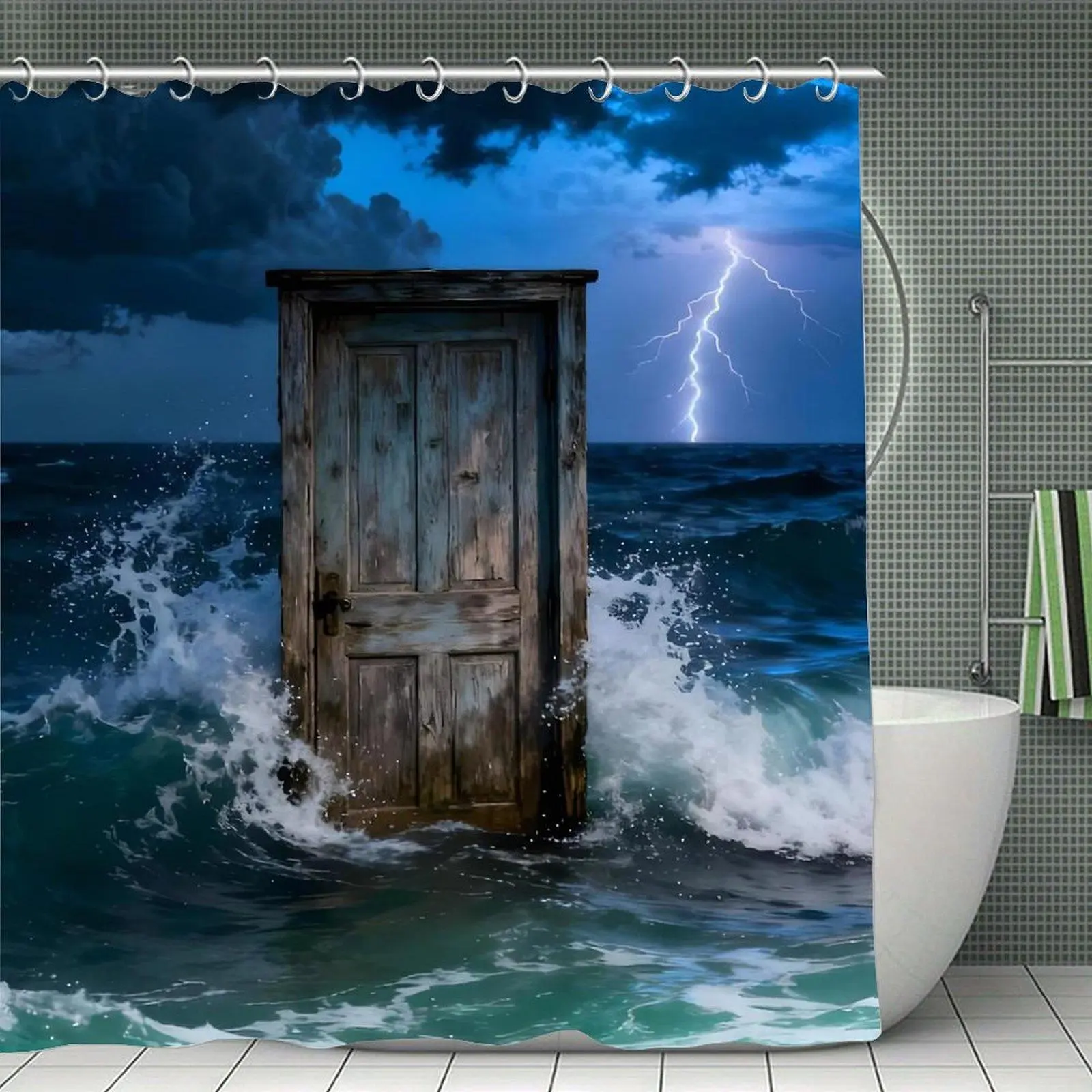 Mysterious Old Wooden Door Stormy Ocean Lightning Scene Shower Curtain