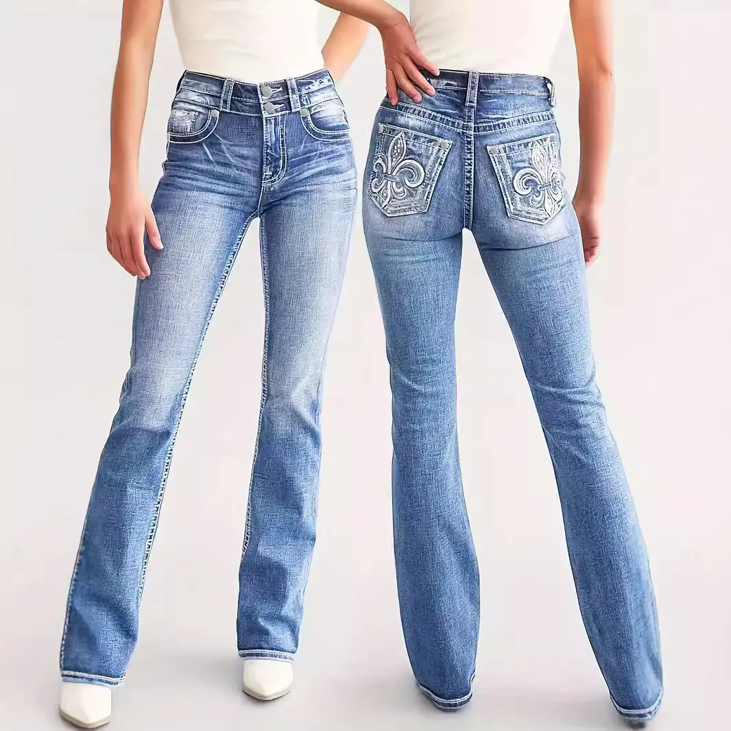 Vintage Washed Women's High Waist Iris Embroidered Slim Fit Flared Straight Jeans with Comfortable High Waist Design and Versatile Style
